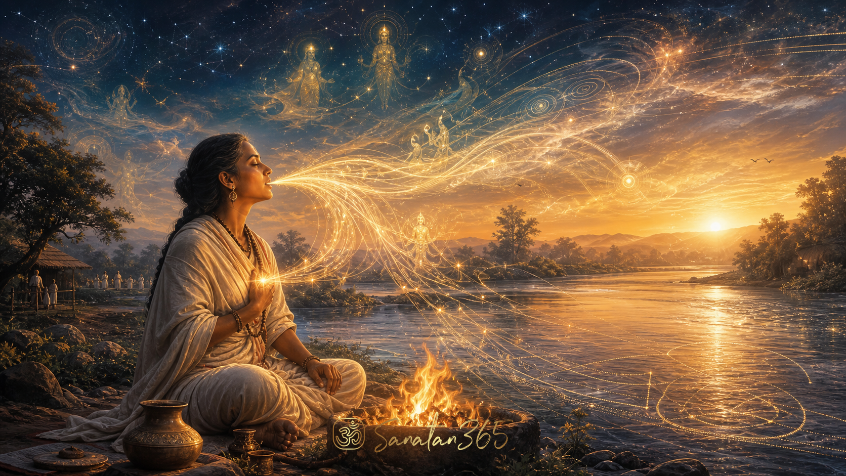 Painterly scene of Rishika Vak Ambhrini beside a sacred river as golden speech-light connects earth, sky, fire, and stars