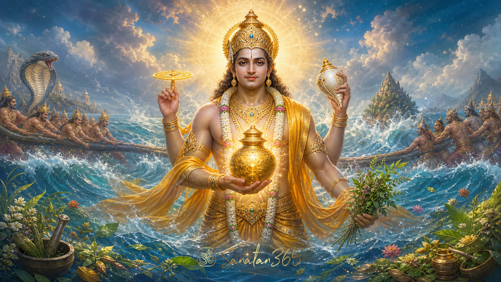 Lord Dhanvantari emerging from the cosmic ocean with an amrita vessel and Ayurvedic herbs