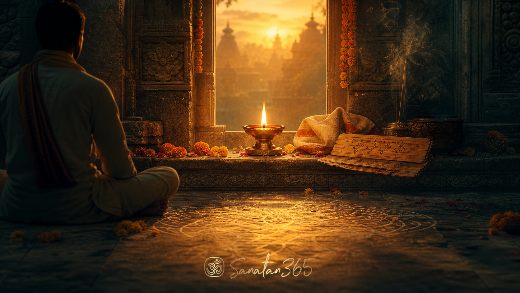 A contemplative seeker practicing dharana with attention gathered on a single sacred flame