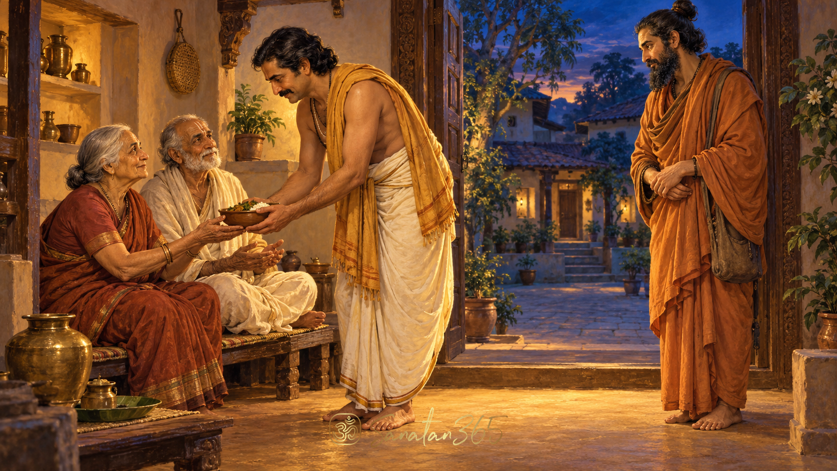 Painterly illustration of Dharmavyadha caring for elderly parents while Kaushika listens at a Mithila household threshold.