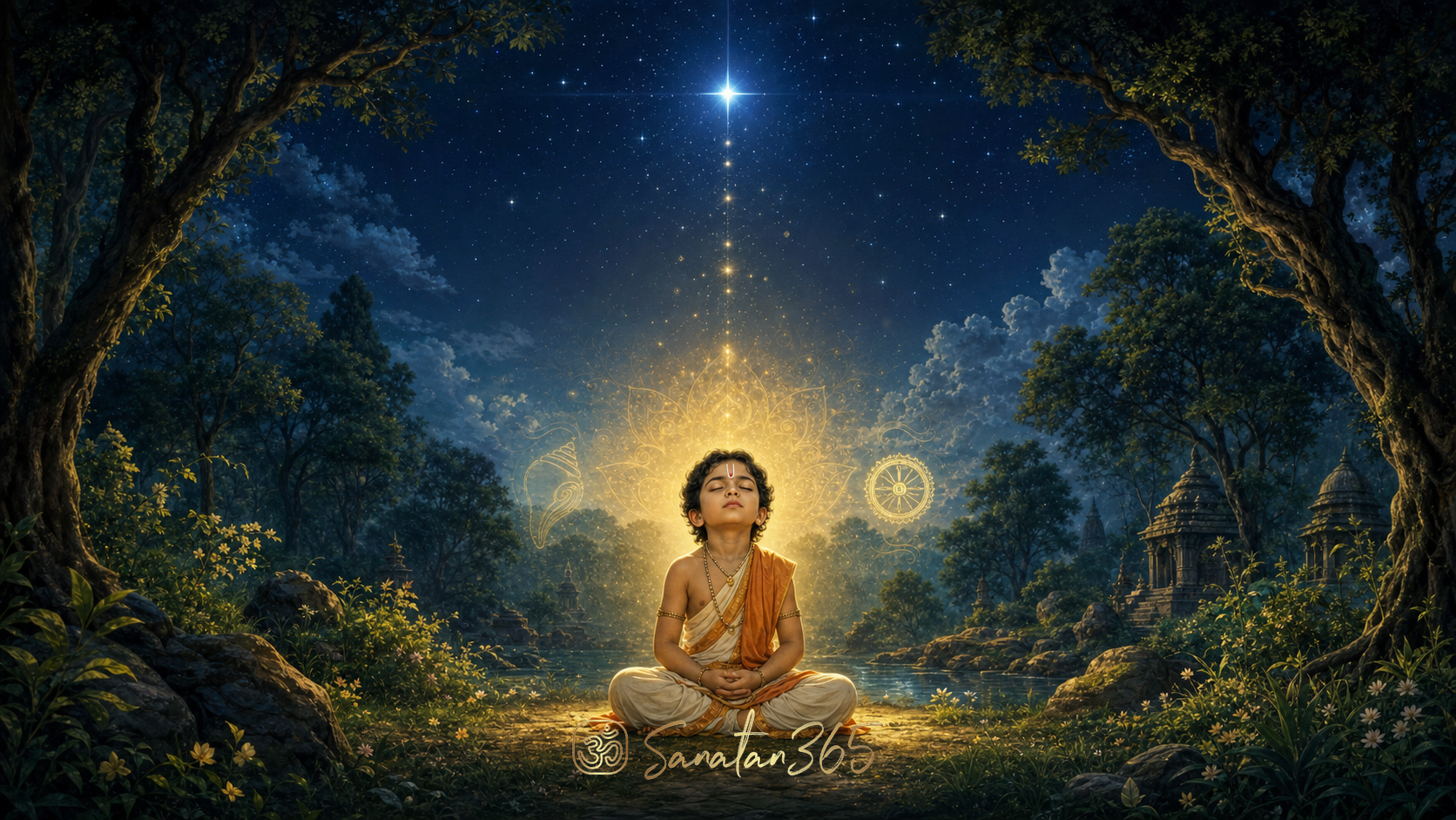 Young Dhruva meditating beneath the Pole Star with a gentle Vishnu-like golden presence in the night sky