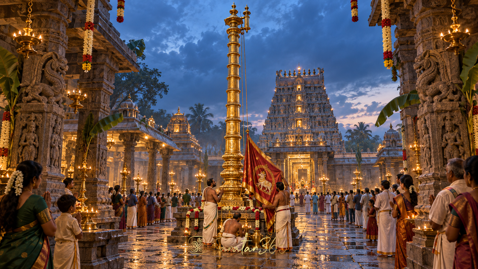A golden dhwaja stambha in a South Indian temple courtyard as priests prepare a sacred festival flag