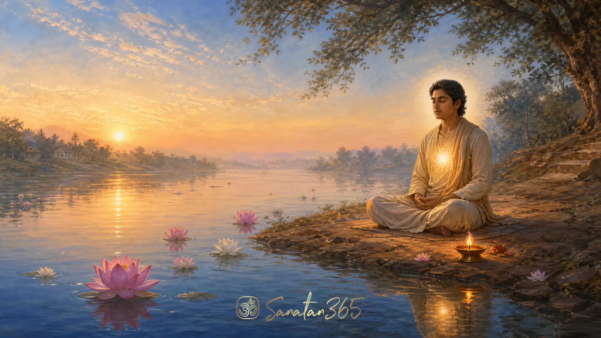 A serene seeker seated in dhyana meditation at dawn beside a river with a glowing lamp and lotus motifs