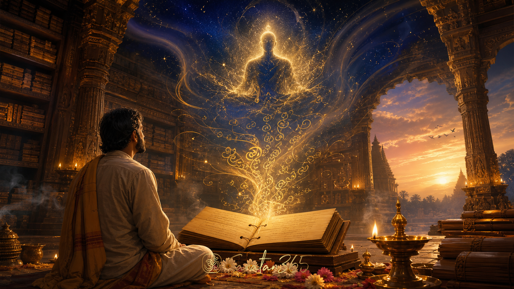 Devotee contemplating a sacred manuscript as luminous verse becomes a divine symbolic presence