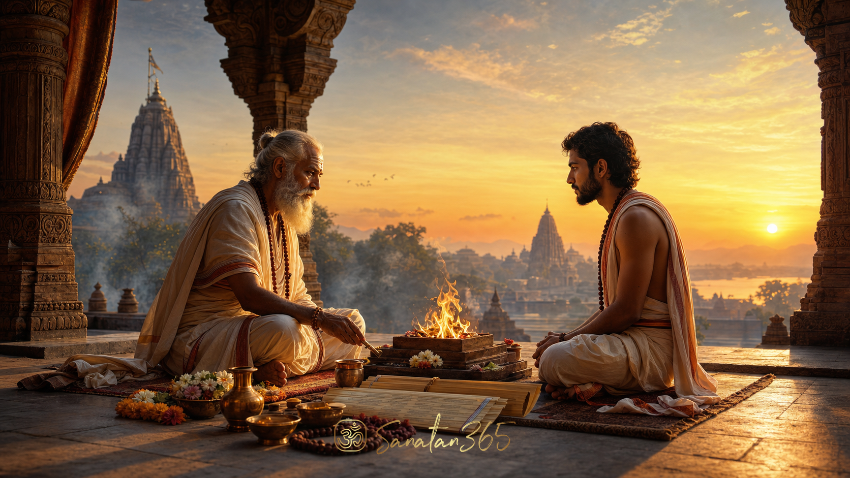 A Hindu teacher and adult seeker seated beside a sacred fire during a solemn diksha initiation