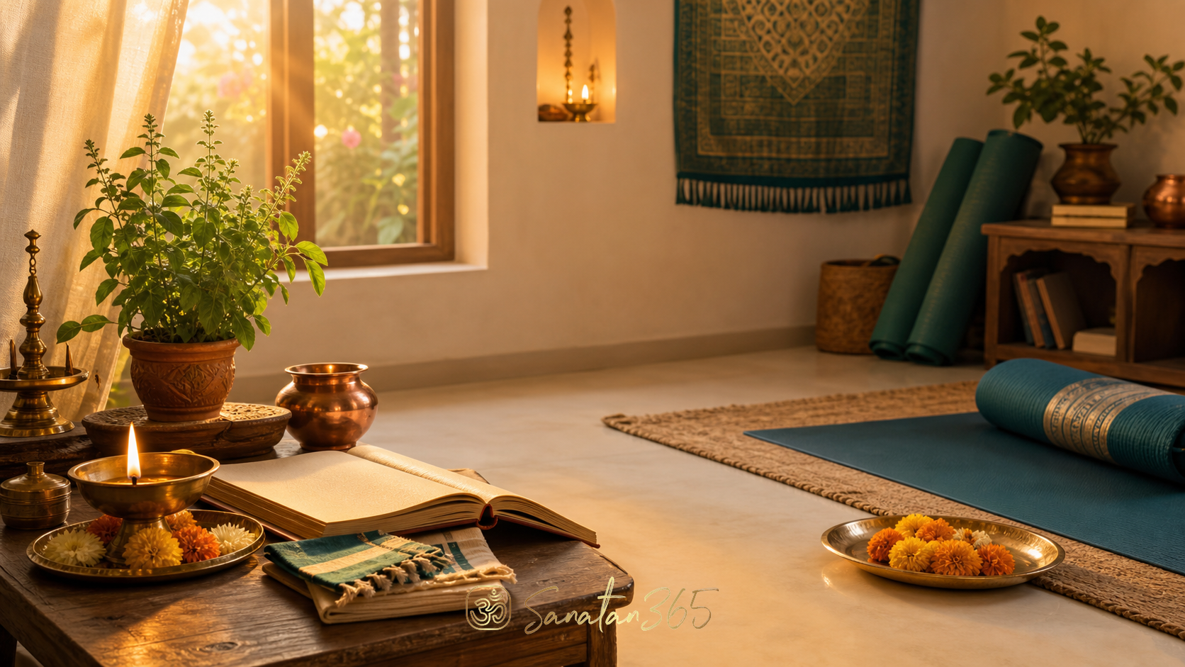 A peaceful dawn Ayurvedic daily routine scene with lamp, tulsi plant, copper vessel, and yoga mat