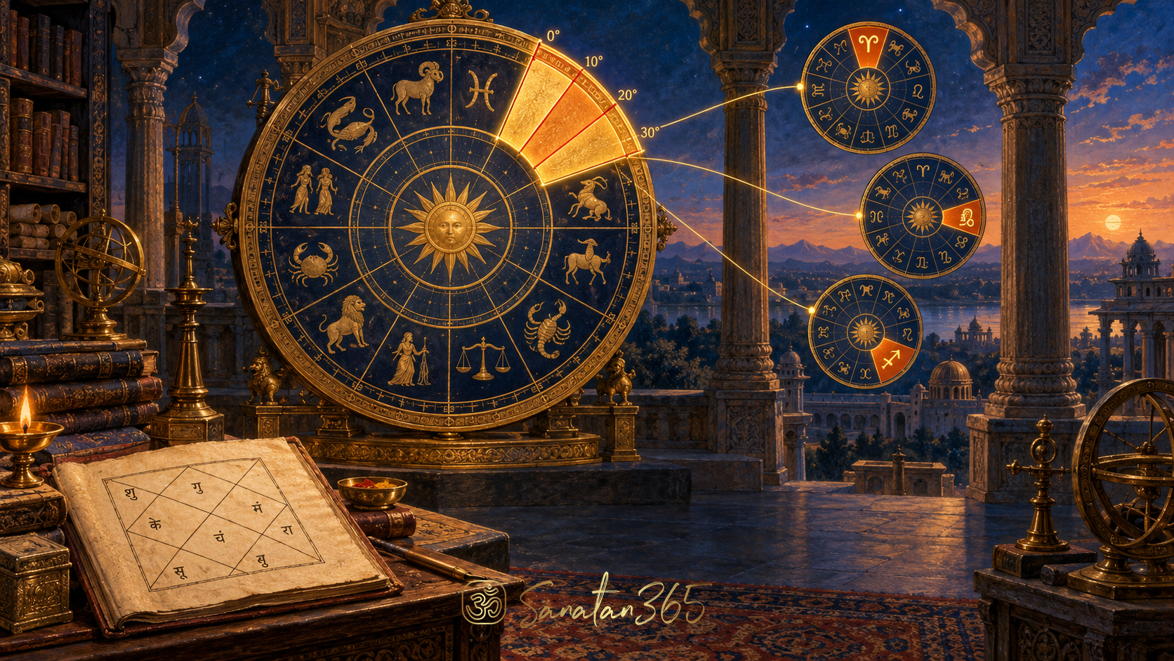 Painterly Indian chart manuscript and luminous zodiac divided into three portions in a spacious observatory-library.