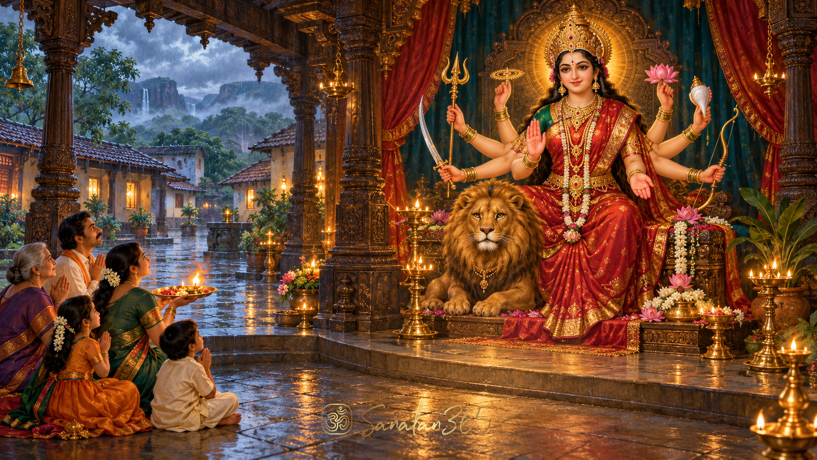 Painterly Goddess Durga with a lion receiving an aarti flame in a warm Maharashtrian courtyard.