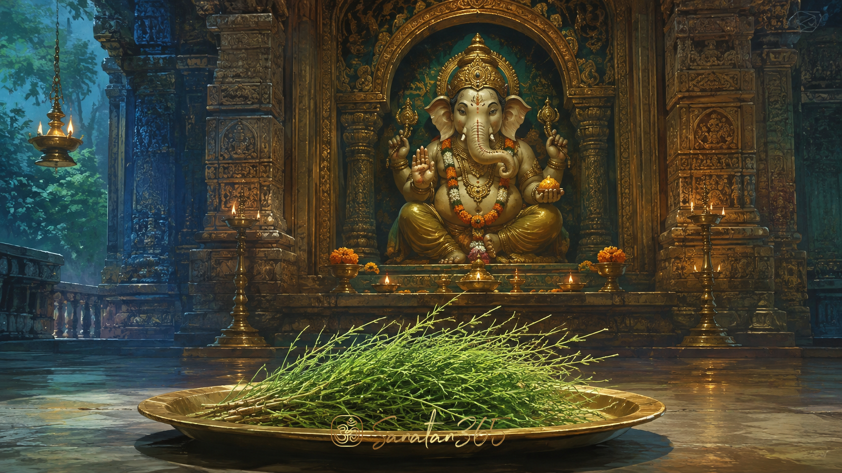 Fresh green Durva shoots in a brass plate before a warmly lit Ganesha shrine, rendered as sacred editorial art.