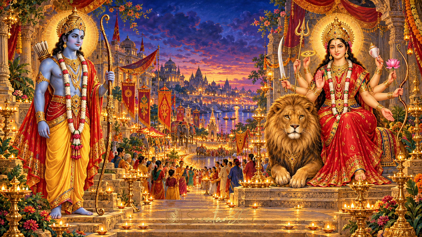 Painterly Vijayadashami celebration with Lord Rama, Goddess Durga and a lamp-lit symbolic festival plaza.