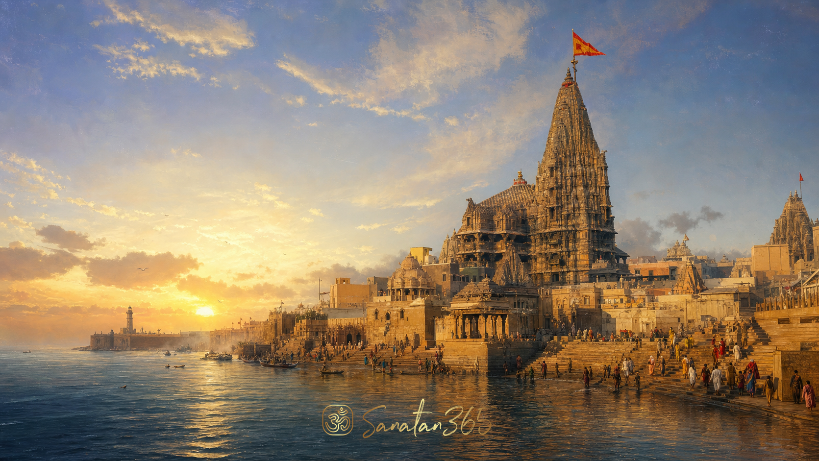 Dwarkadhish Temple above the Gomti River and Arabian Sea at dawn with pilgrims and its sacred flag