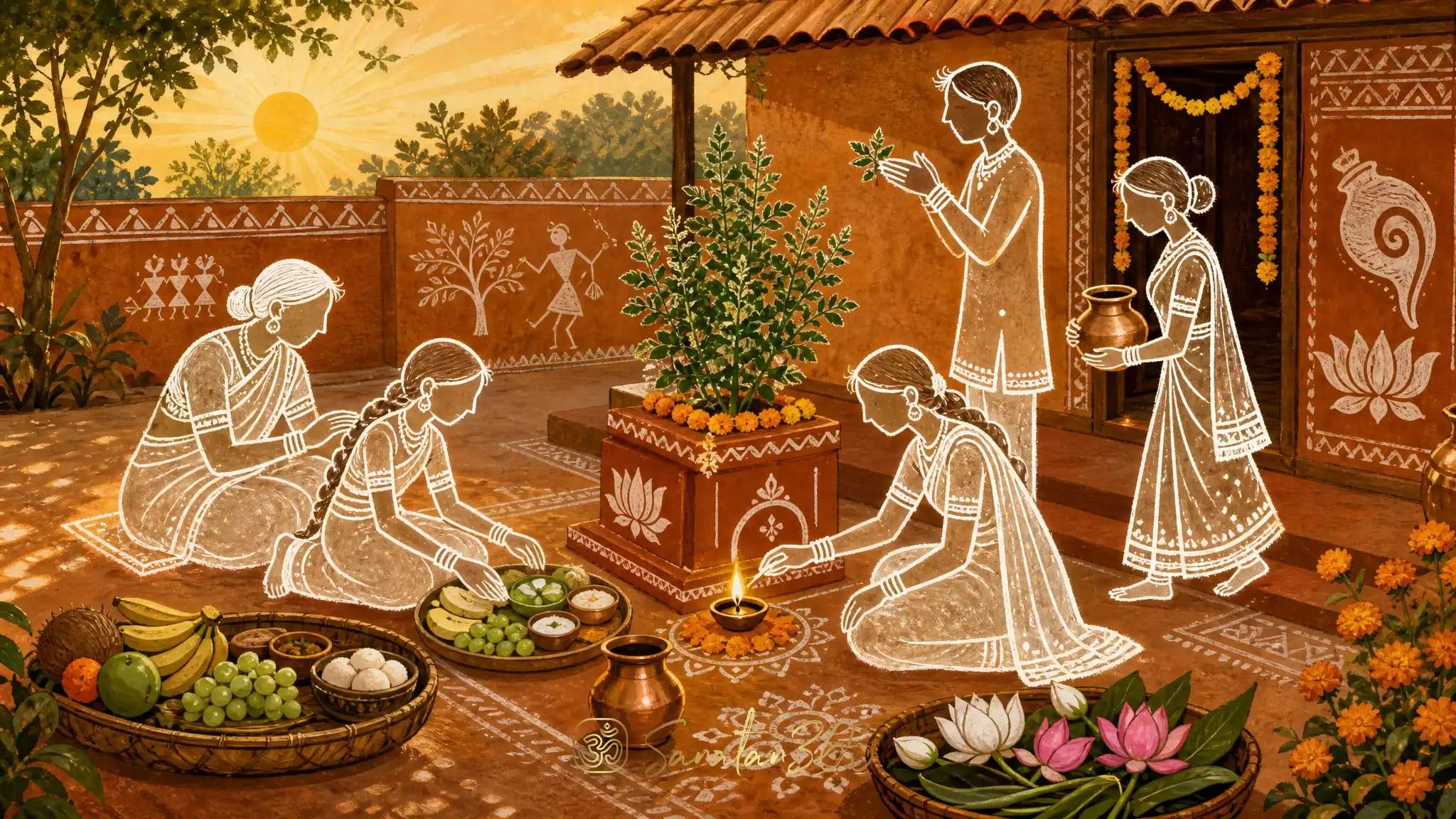 Tulsi leaves, diya, fruit offering, and copper water vessel arranged for Ekadashi fasting preparation