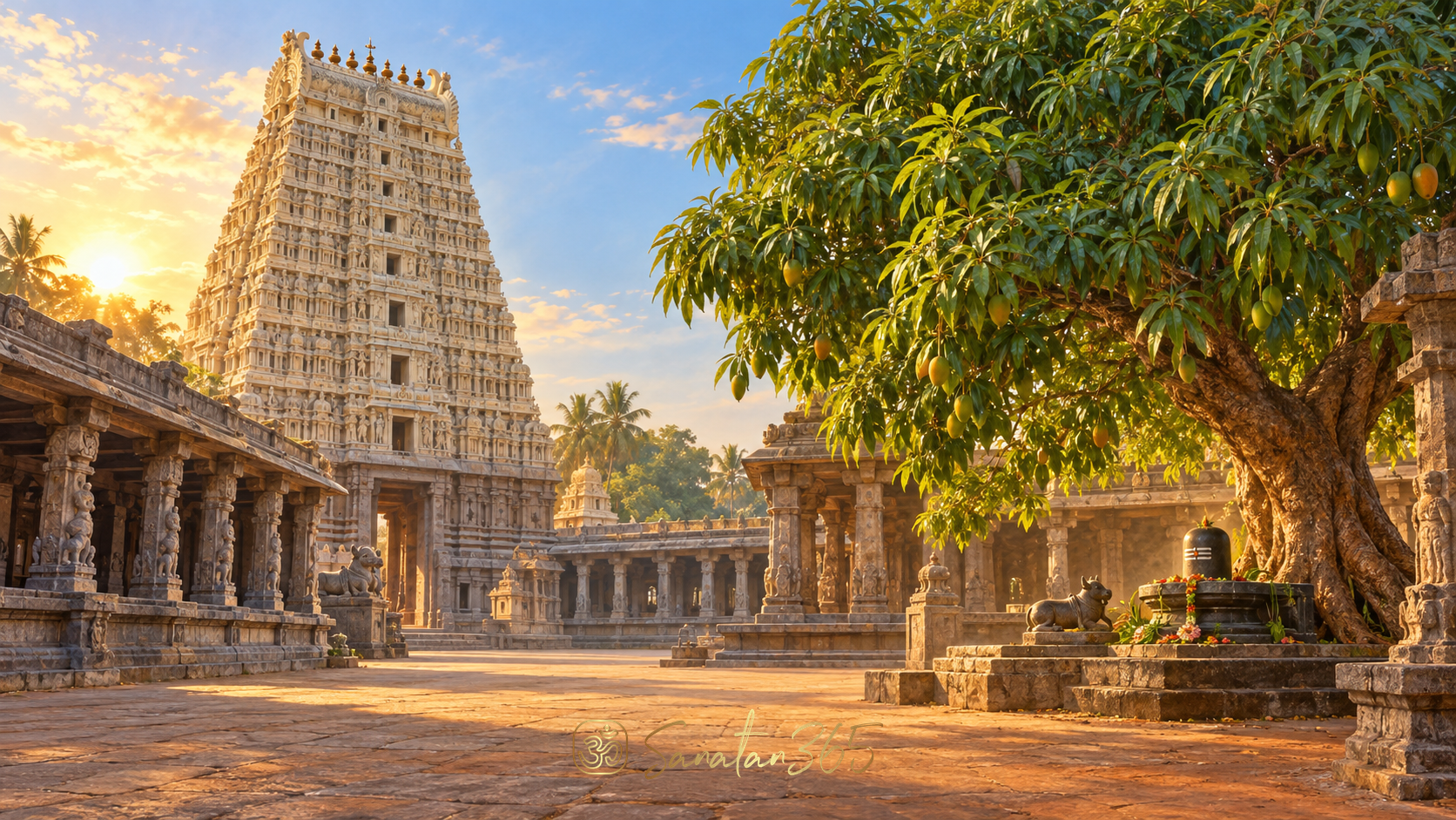 Painterly evocation of Ekambareswarar Temple with a Tamil gateway, sacred mango tree, and earth-toned courtyard.