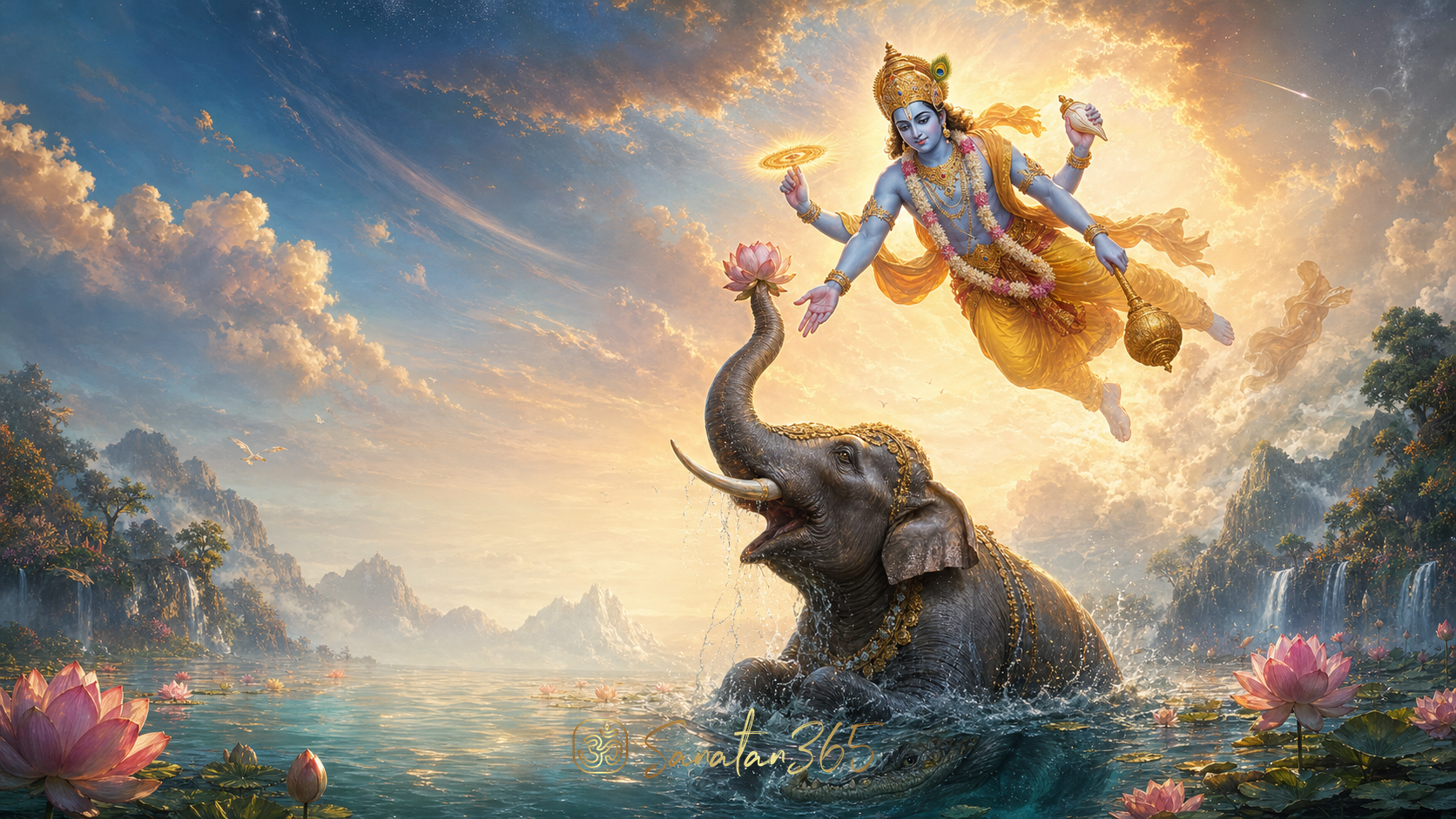 Lord Vishnu descending to rescue Gajendra as the elephant offers a lotus in surrender