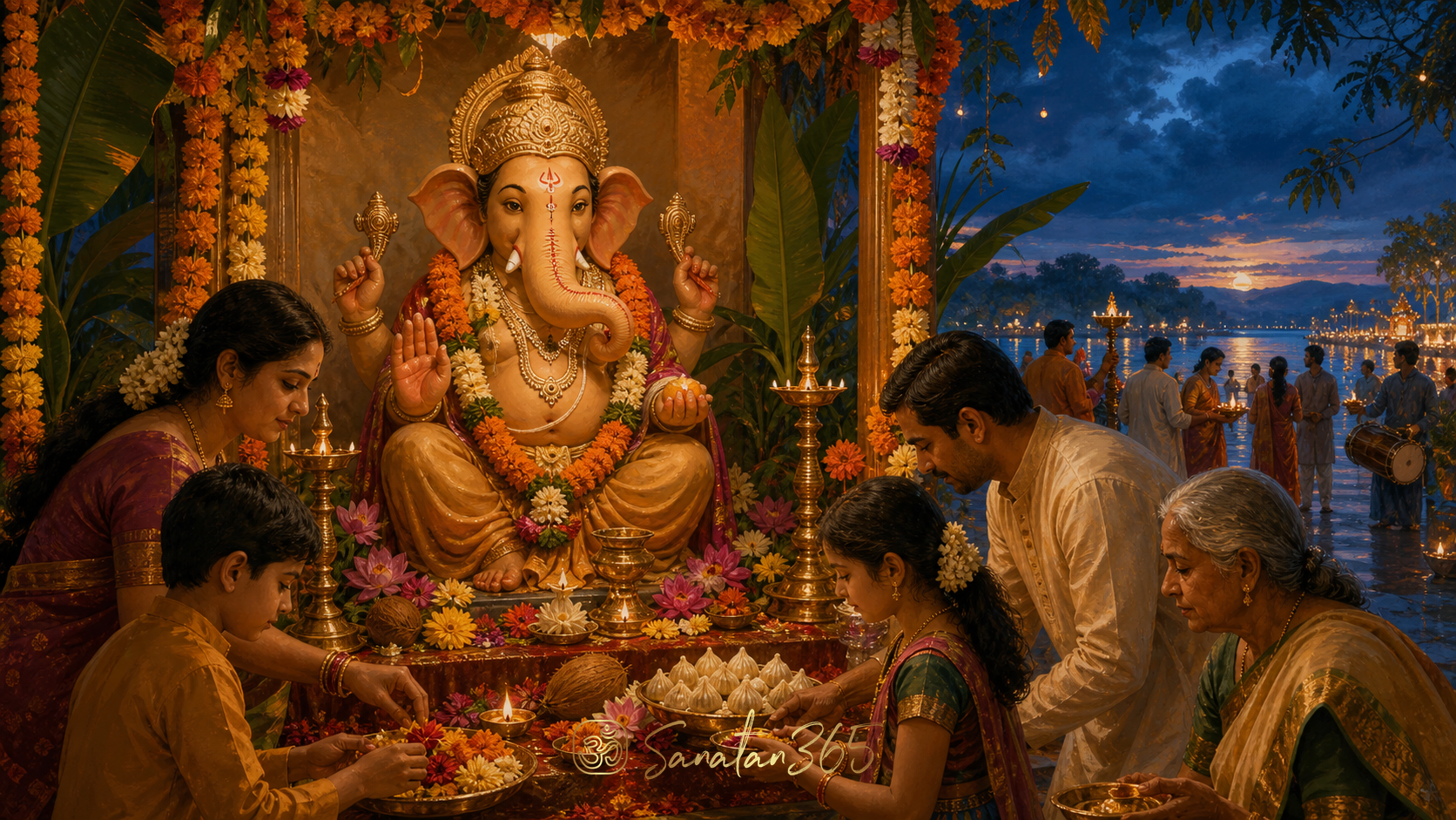 Clay Lord Ganesha murti in a flower-lit mandap during Ganesh Chaturthi