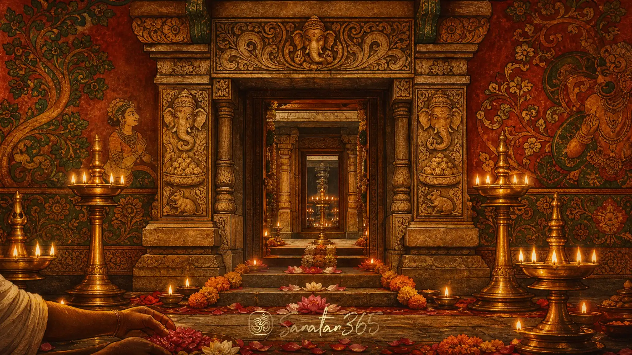 Symbolic Ganesha devotional scene with lamp, modak, lotus petals, and a small mouse motif at a temple threshold