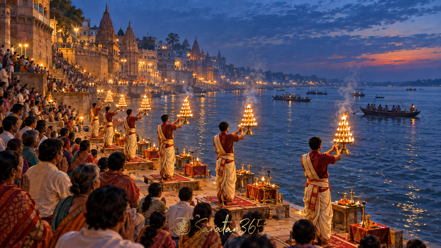 Priests offering lamps toward the Ganga at a Varanasi ghat at dusk while devotees watch.