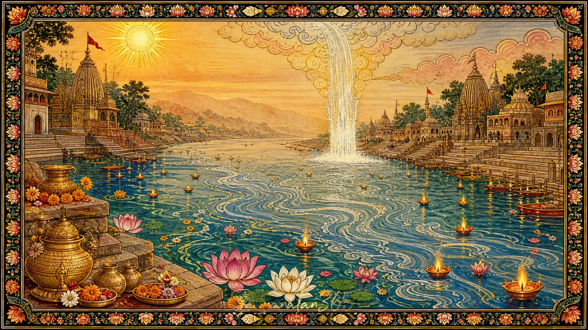 Golden dawn over the sacred river Ganga with temple ghats, diyas, and lotus details for Ganga Dussehra