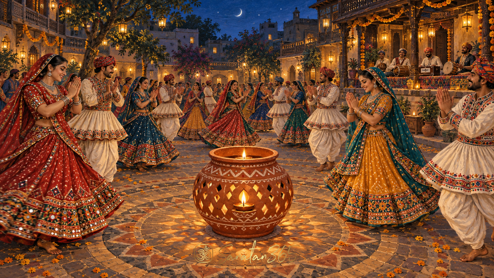 Painterly Gujarati Garba circle around a glowing perforated terracotta lamp pot in a festive courtyard