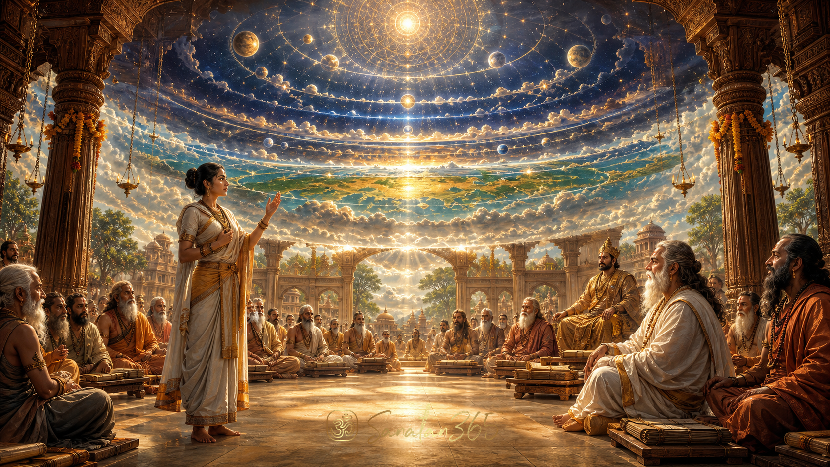 Gargi Vachaknavi questioning Yajnavalkya in King Janaka's assembly beneath a symbolic cosmic sky