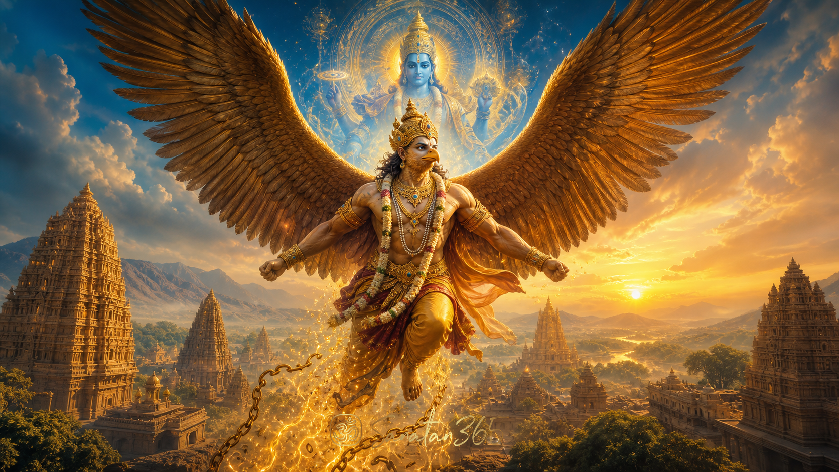 Garuda rising over a Vishnu temple at dawn as golden light evokes Vinata's freedom