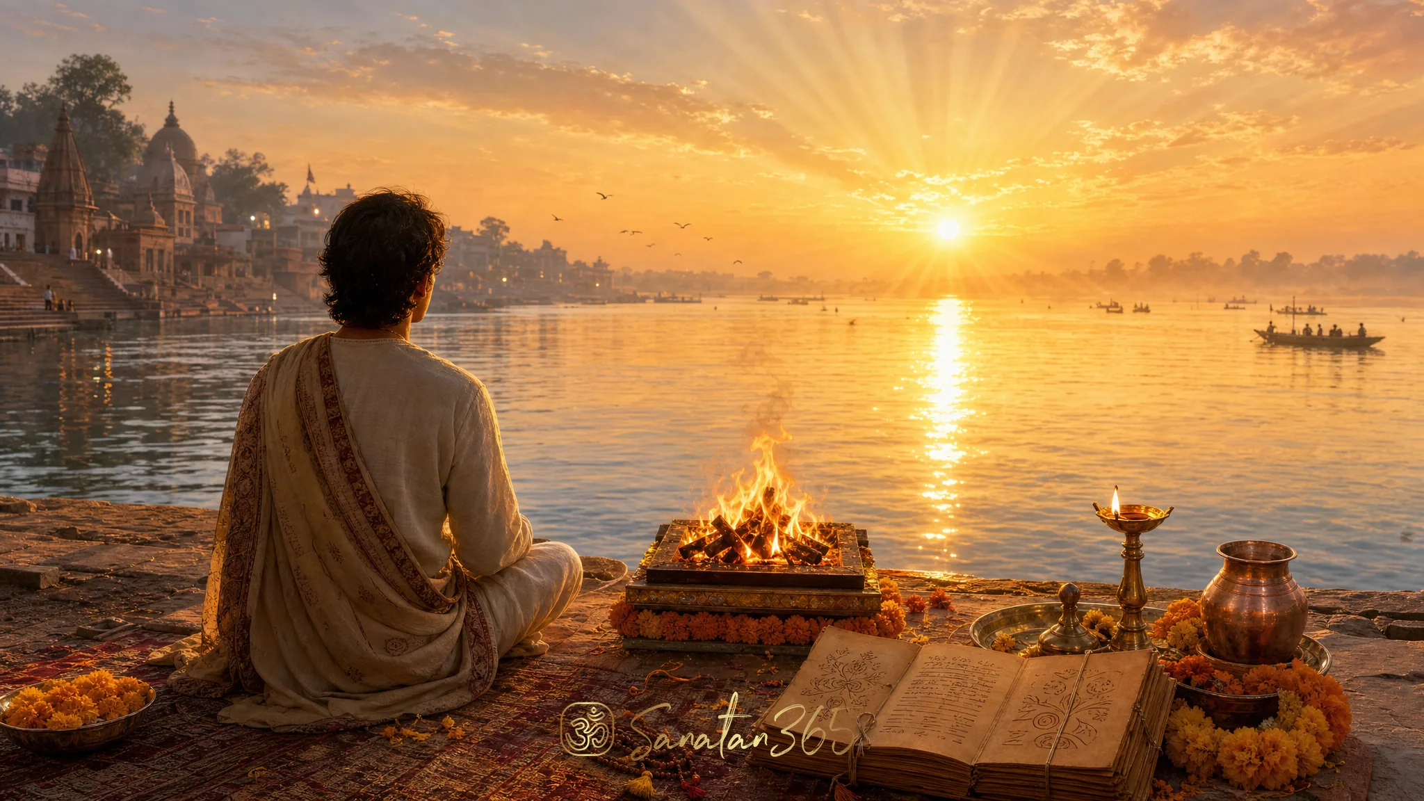 Sunrise devotional scene symbolizing the Gayatri Mantra as a Vedic prayer for clear intelligence