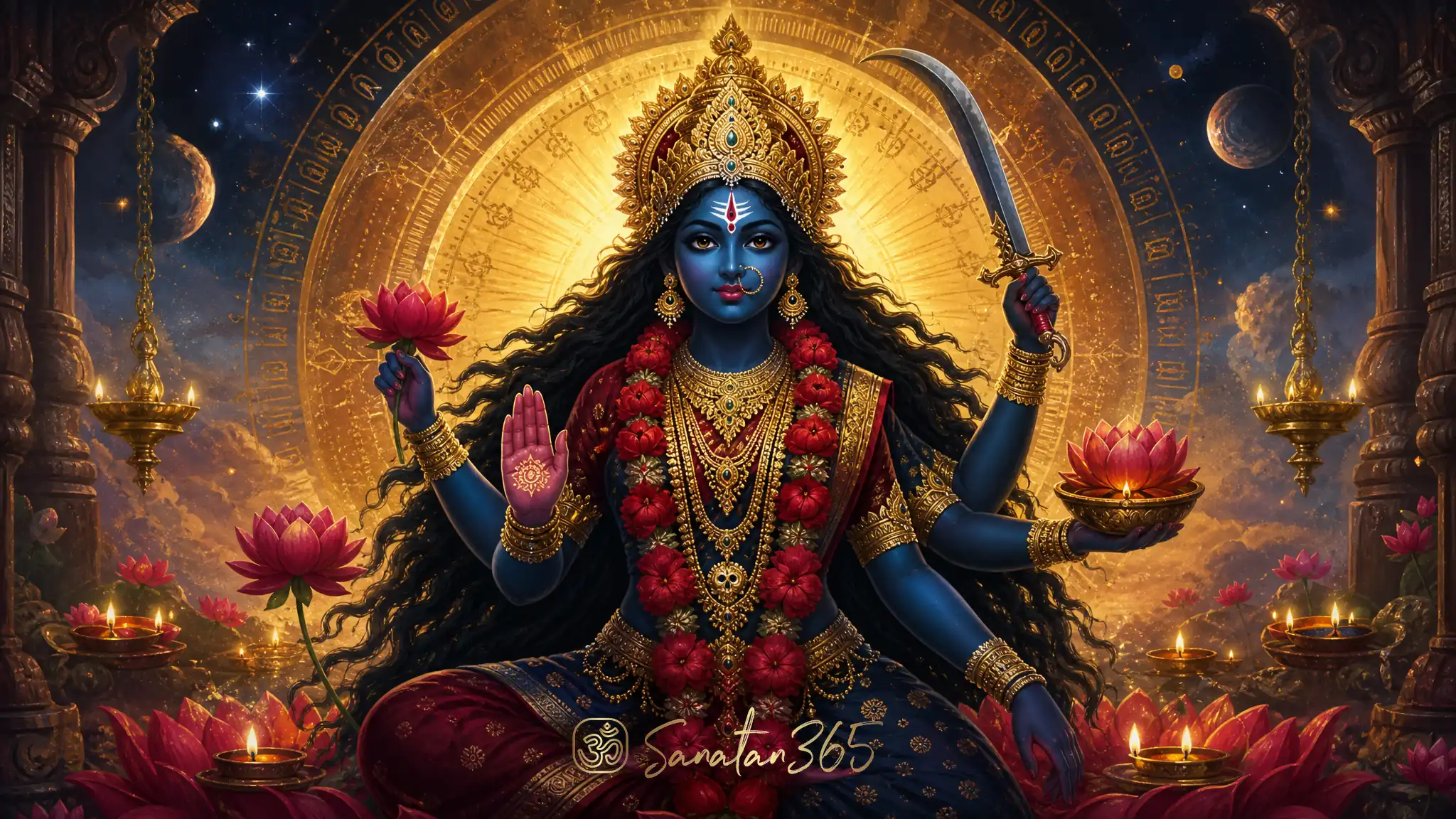Reverent devotional artwork of Goddess Kali as protective Divine Mother with lamps and lotus offerings