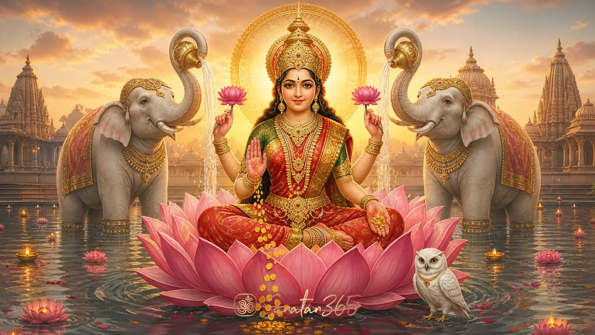 Goddess Lakshmi seated on a lotus with coins, elephants, and an owl as symbols of prosperity with dharma