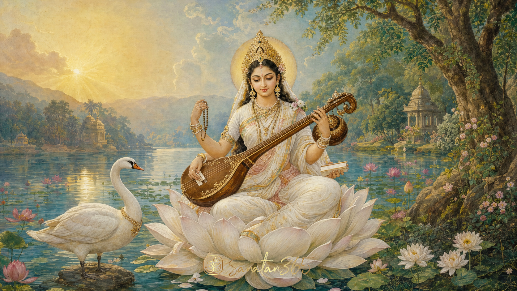 Goddess Saraswati with veena, book, mala, white lotus, and swan in a serene devotional scene