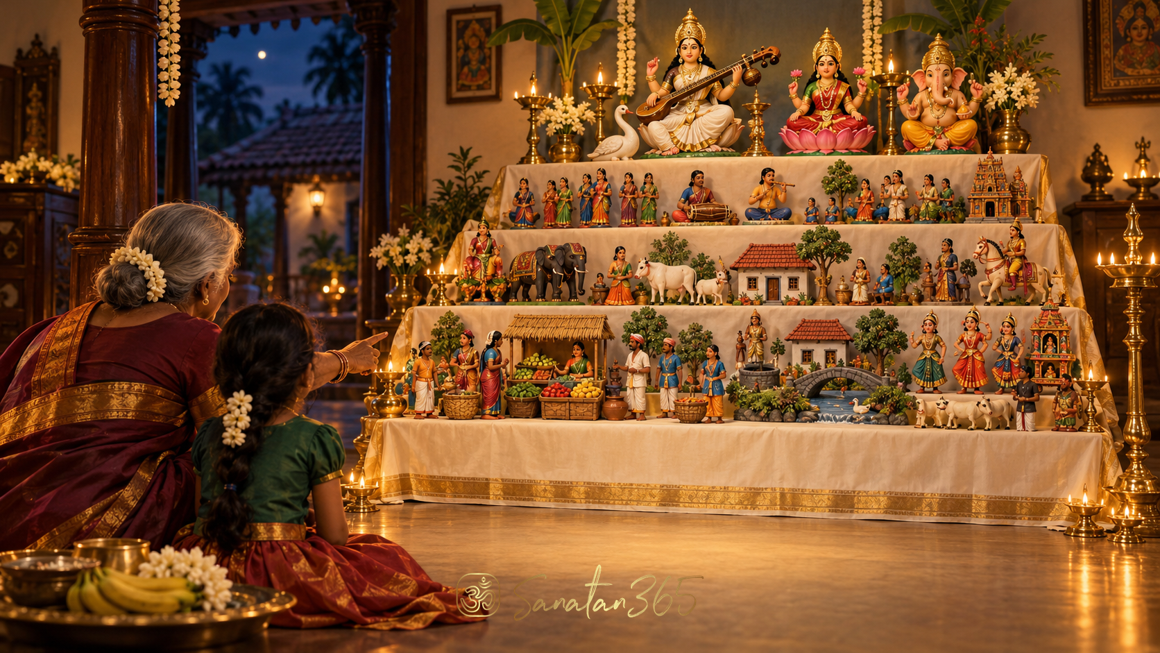 Painterly Navratri Golu display with sacred dolls, miniature village scenes and a grandmother sharing a story with a child.