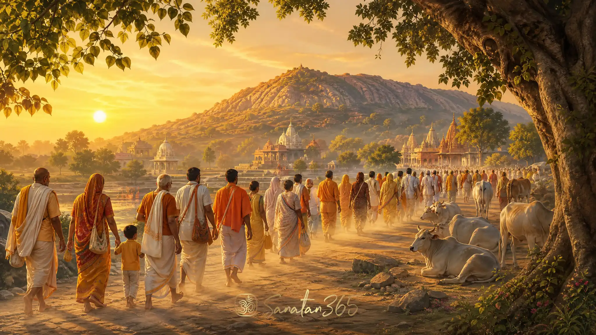 Devotees walking Govardhan Parikrama around the sacred hill in Braj at sunrise