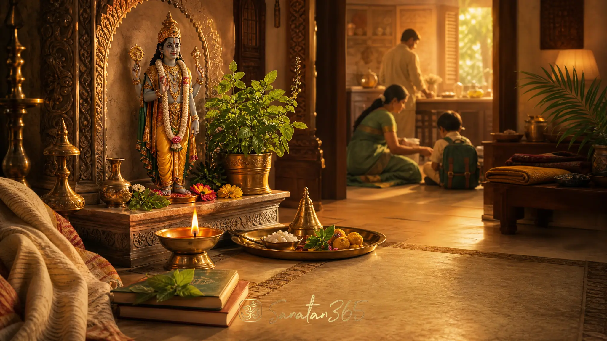 A peaceful Hindu home altar with a Lord Vishnu murti, diya, tulsi leaves, and warm morning light symbolizing Grihastha Ashrama.