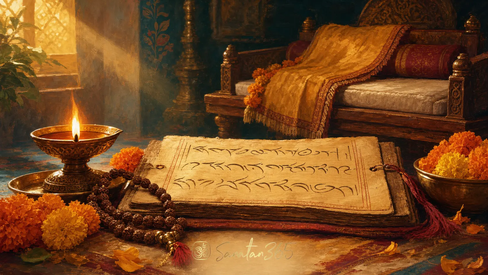 A devotional manuscript, diya, and guru seat illustrating the Guru Brahma Guru Vishnu mantra.