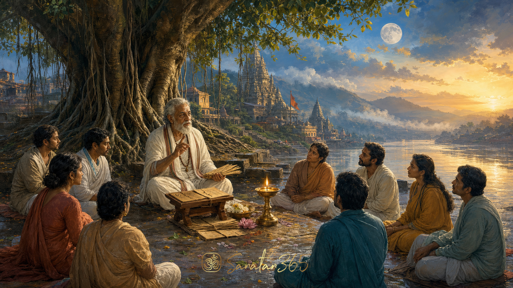 A teacher sharing wisdom with students beneath a banyan tree at Guru Purnima dawn