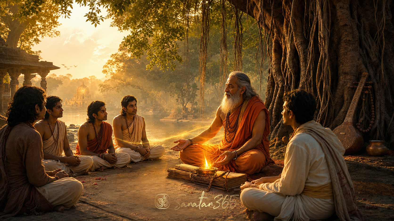 A Hindu guru teaching students beneath a banyan tree with manuscripts and a lamp at dawn