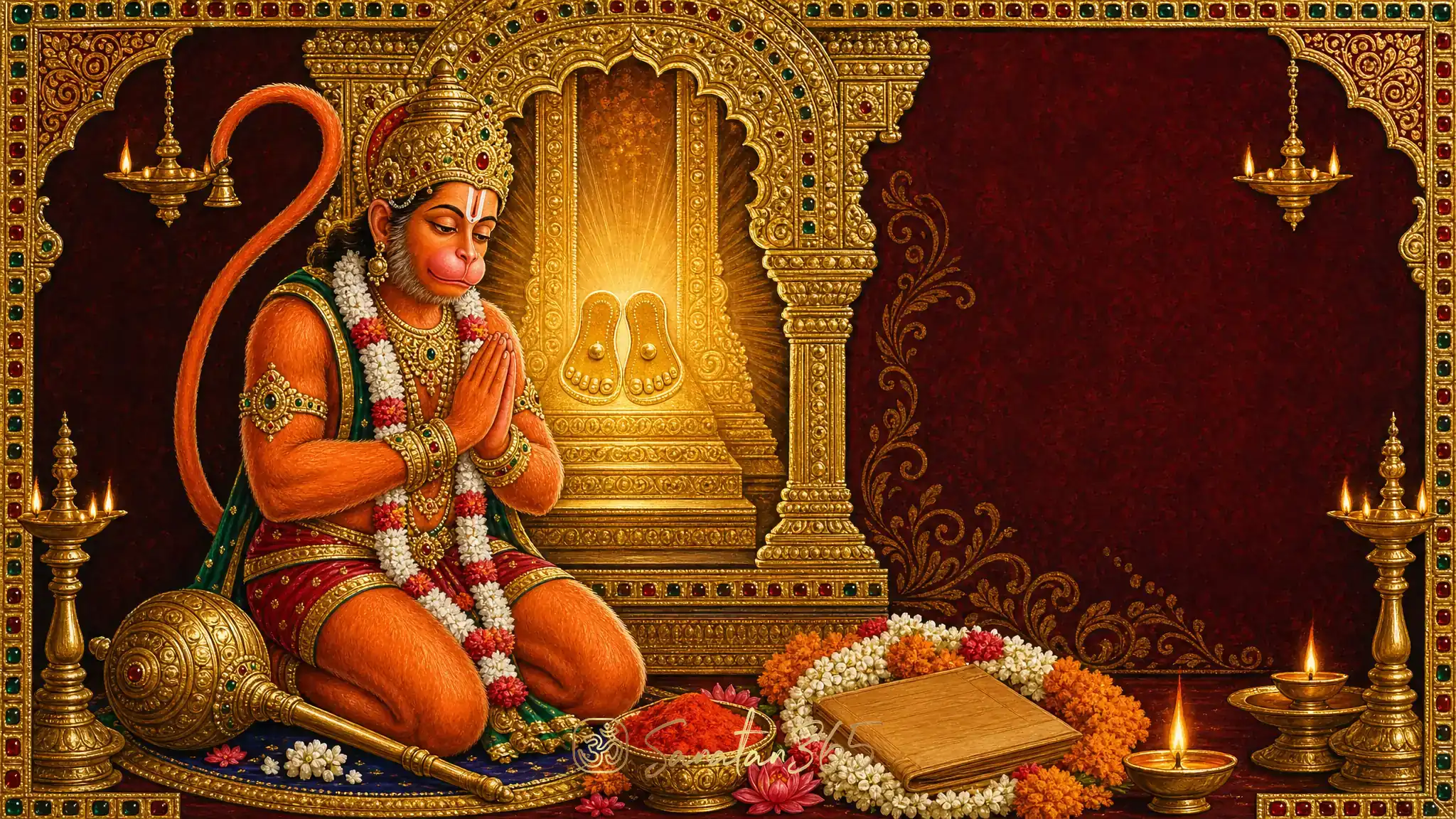 Tanjore-style devotional painting of Lord Hanuman in folded-hands bhakti with gada, Rama paduka, diyas, and gold temple radiance