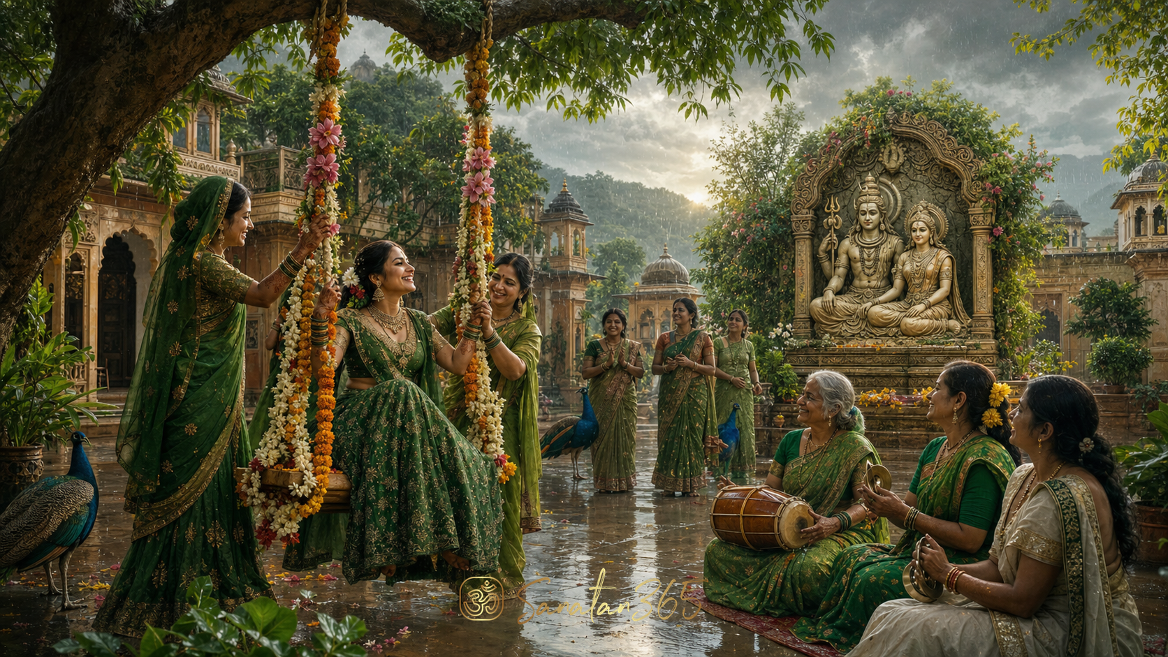 Women celebrate Hariyali Teej on a flower-covered swing in a green monsoon courtyard with a Shiva-Parvati shrine