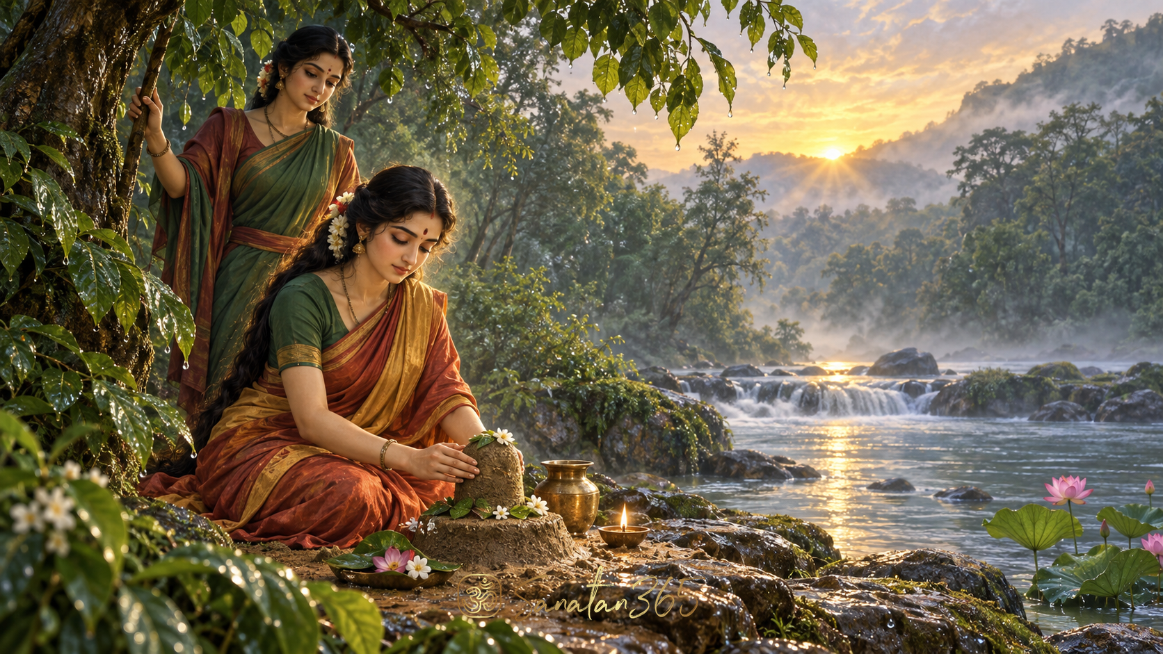 Painterly scene of Goddess Parvati worshipping a sand Shiva linga in a monsoon forest with a trusted companion