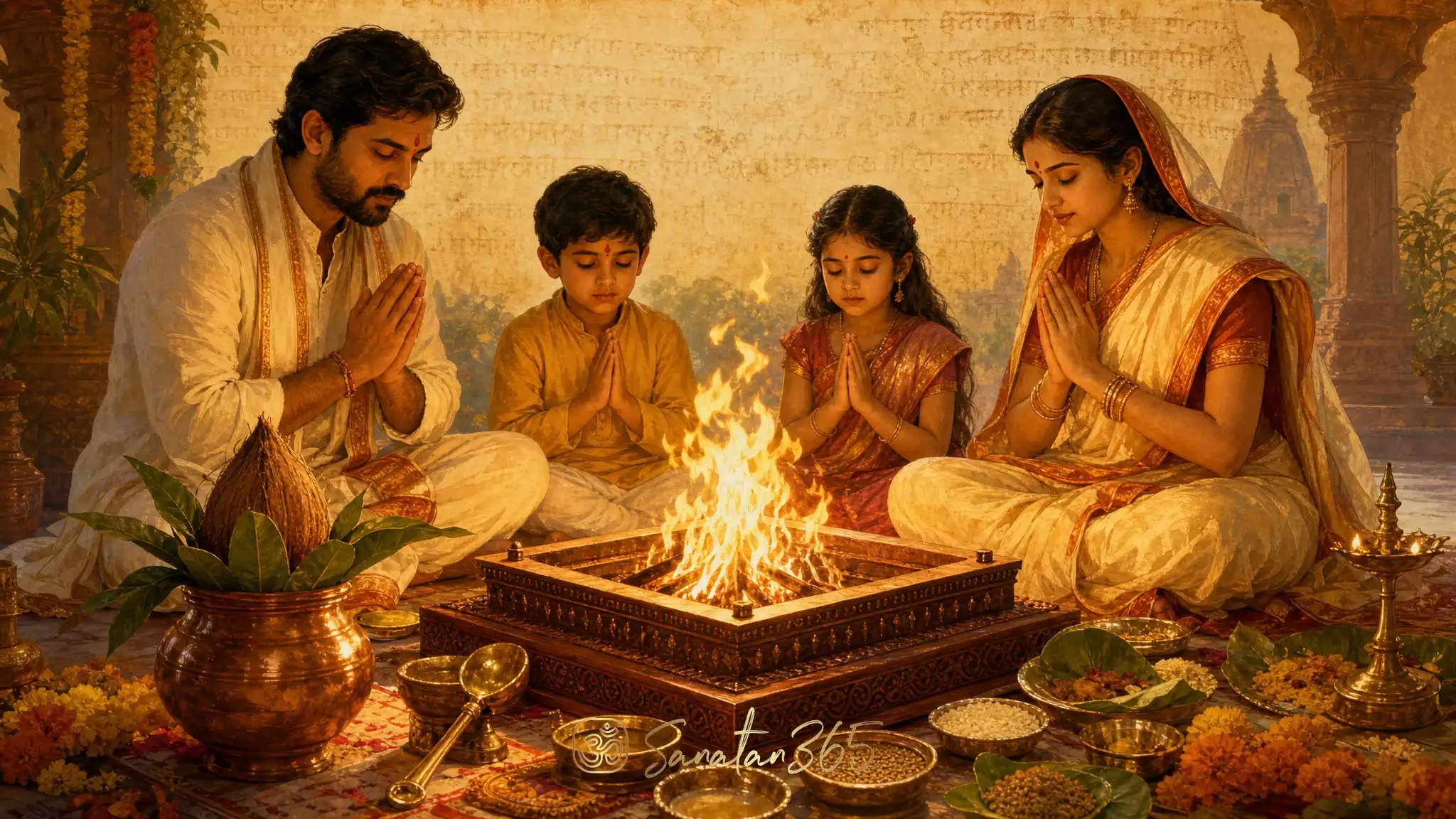 A family seated reverently around a havan kund with sacred Agni fire, ghee spoon, grains, copper kalash, and marigold petals