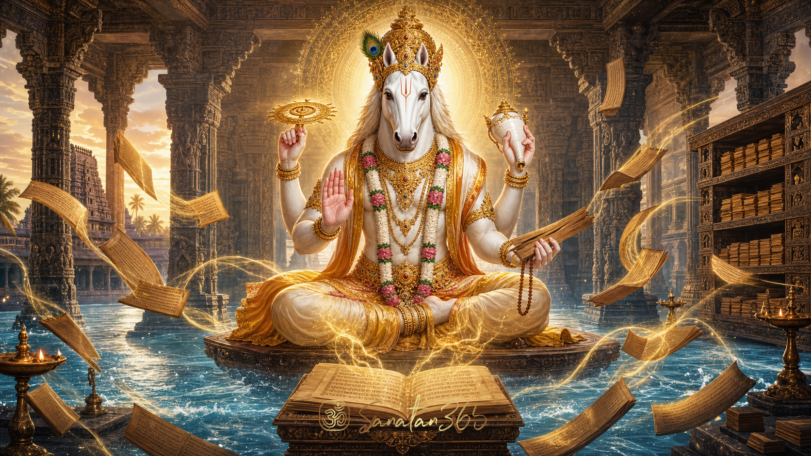 Lord Hayagriva, Vishnu's horse-headed form, surrounded by luminous manuscripts and symbols of sacred knowledge