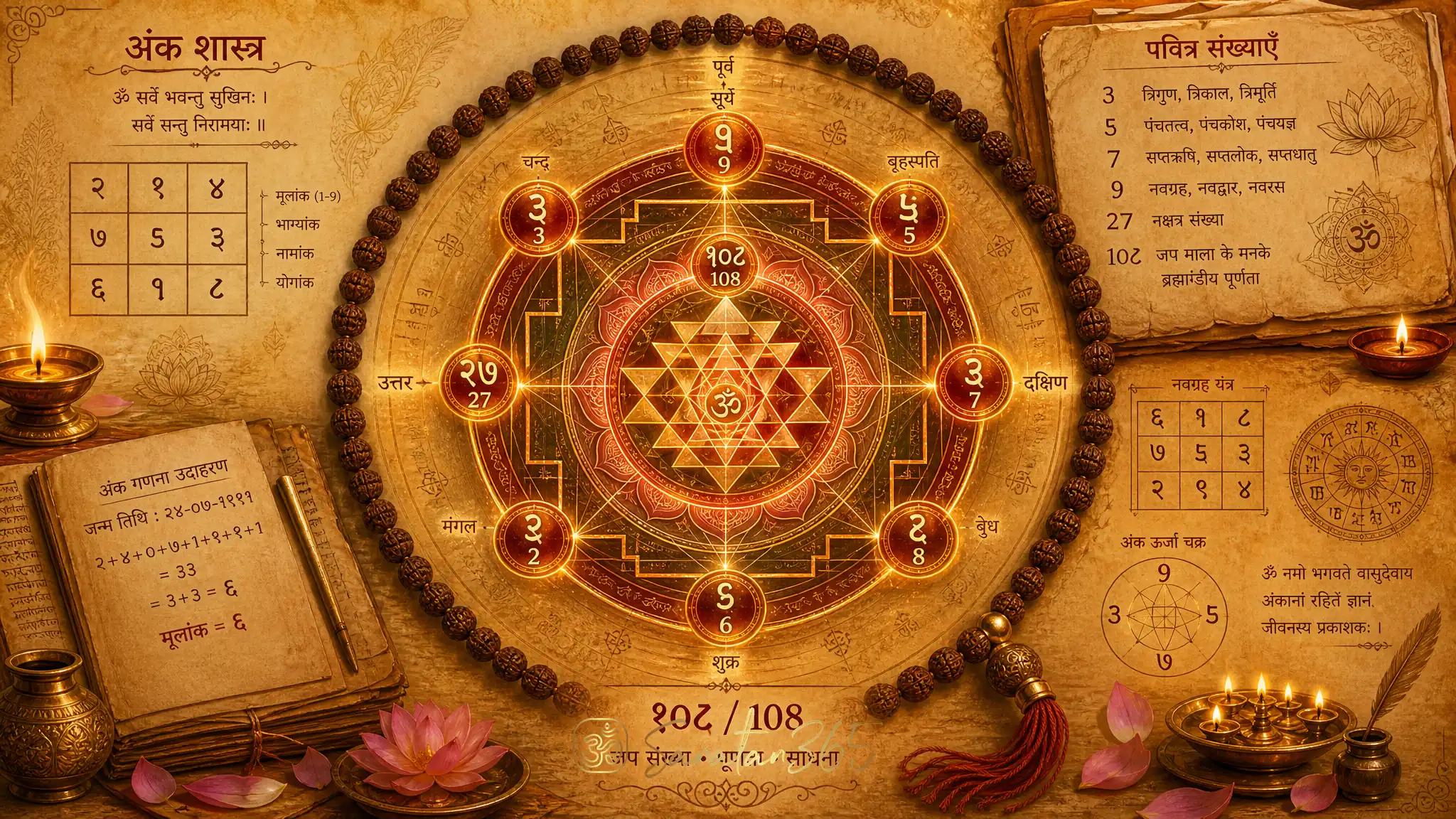 Sacred geometric Indian devotional illustration with mala beads, yantra patterns, and symbolic numbers for Hindu numerology.
