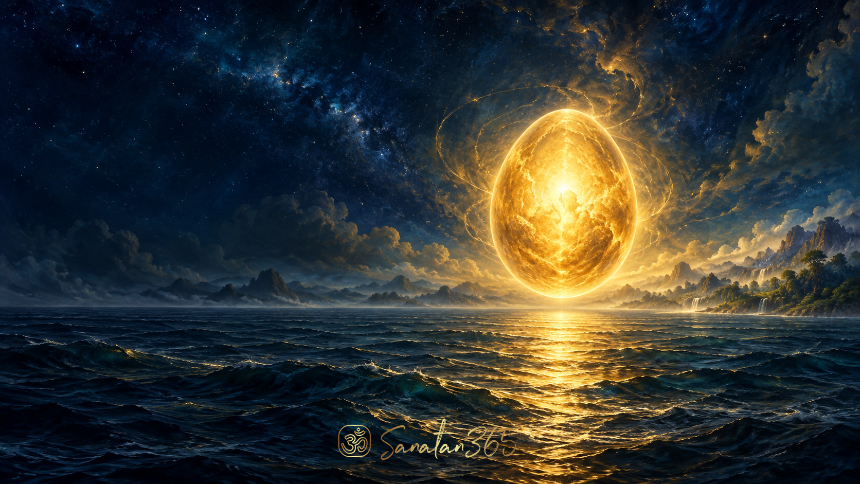 A golden luminous source above dark primordial waters beneath a vast sky, evoking the Hiranyagarbha hymn