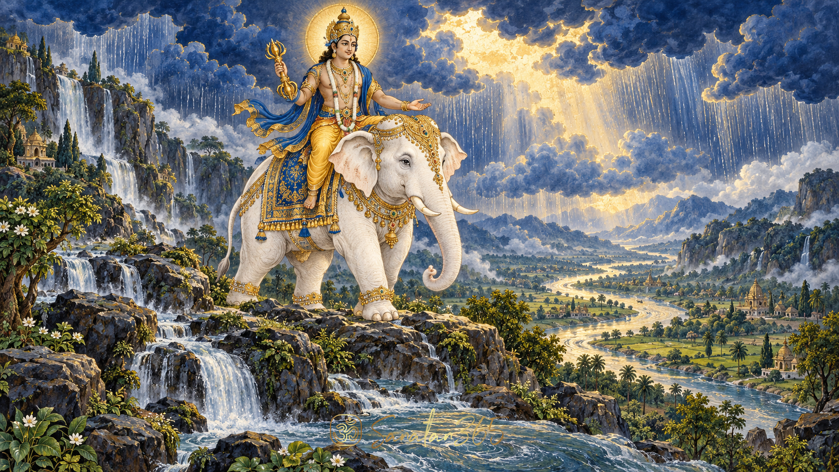 Painterly Indra holding a golden vajra on white Airavata above rain-fed rivers and a fertile landscape.
