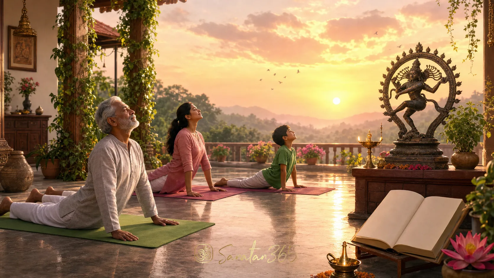 A multi-generational family practicing gentle yoga at sunrise near a Shiva-inspired home altar