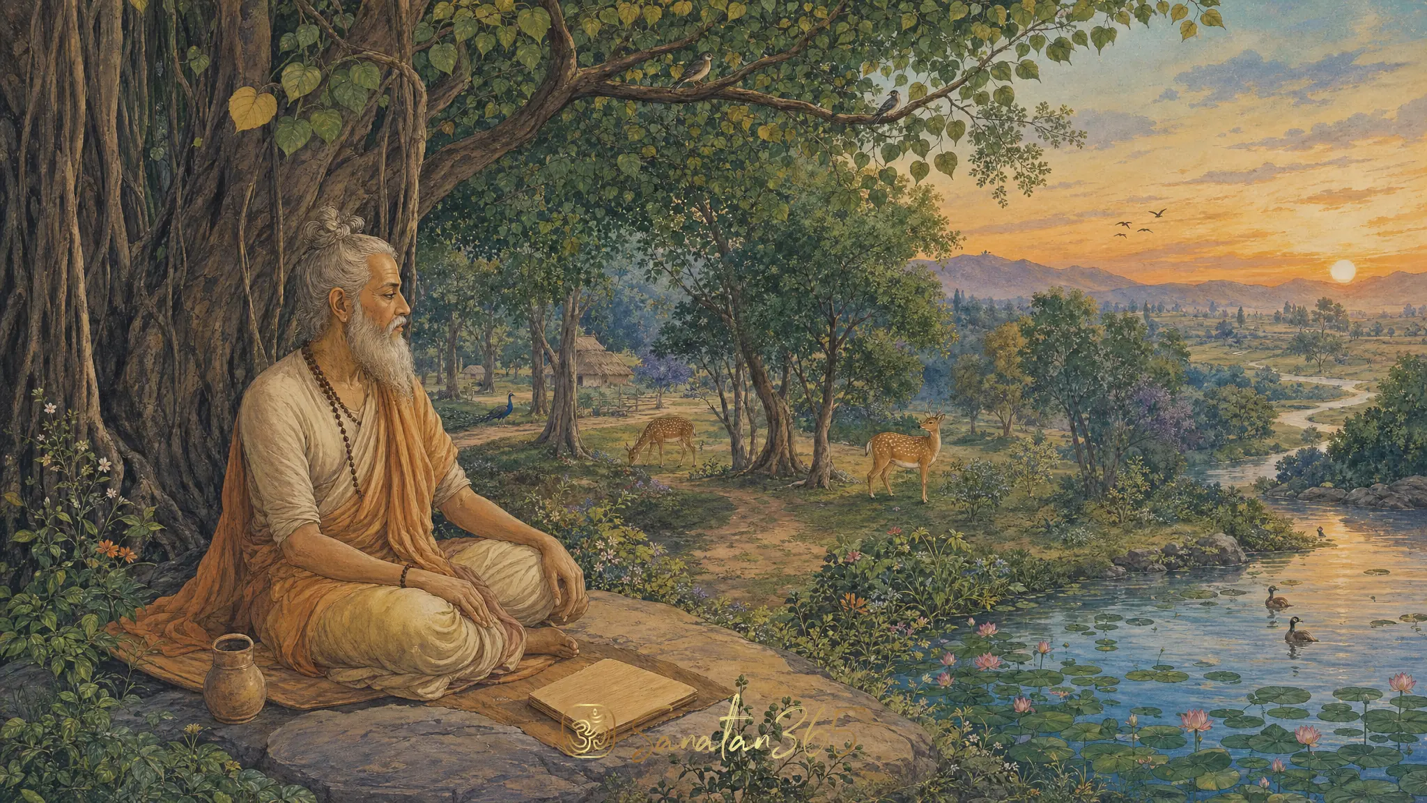 Palm-leaf scripture, diya flame, and lotus motifs symbolizing the Isha Upanishad teaching on wholeness
