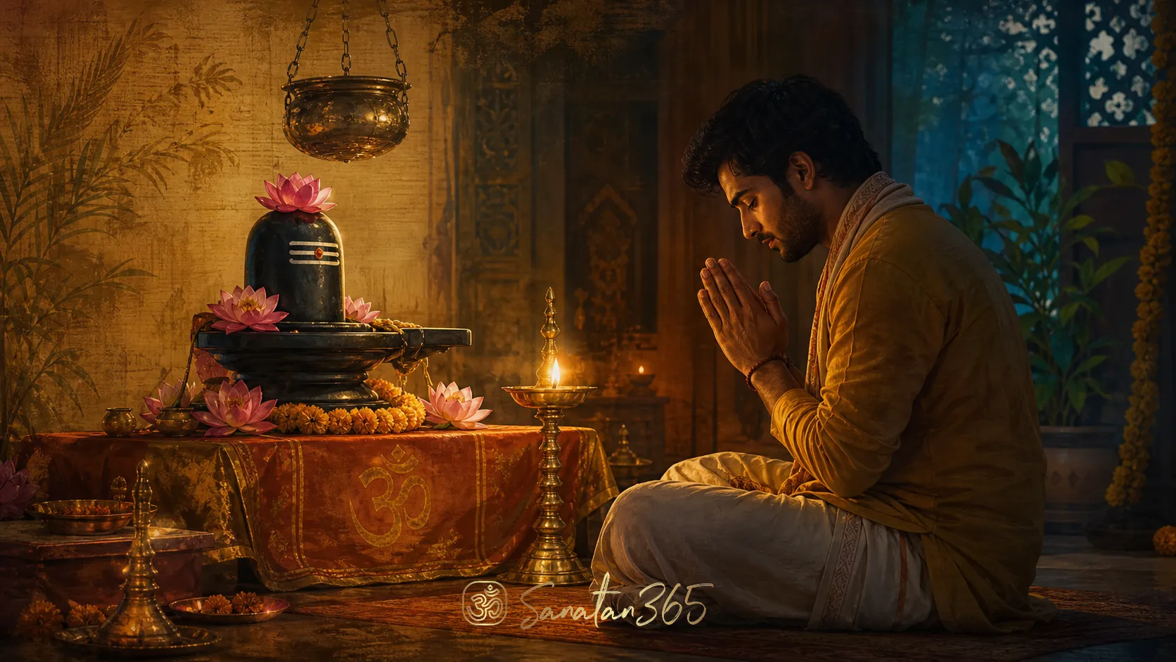 A calm seeker practicing Ishvara Pranidhana before a Shiva linga, diya, lotus flowers, and Om symbol in warm devotional light
