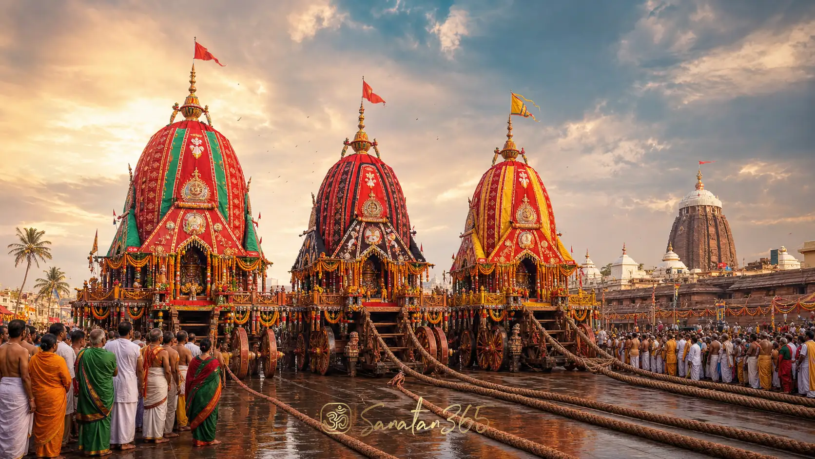 Three sacred chariots of Lord Jagannath, Balabhadra, and Subhadra during Rath Yatra in Puri