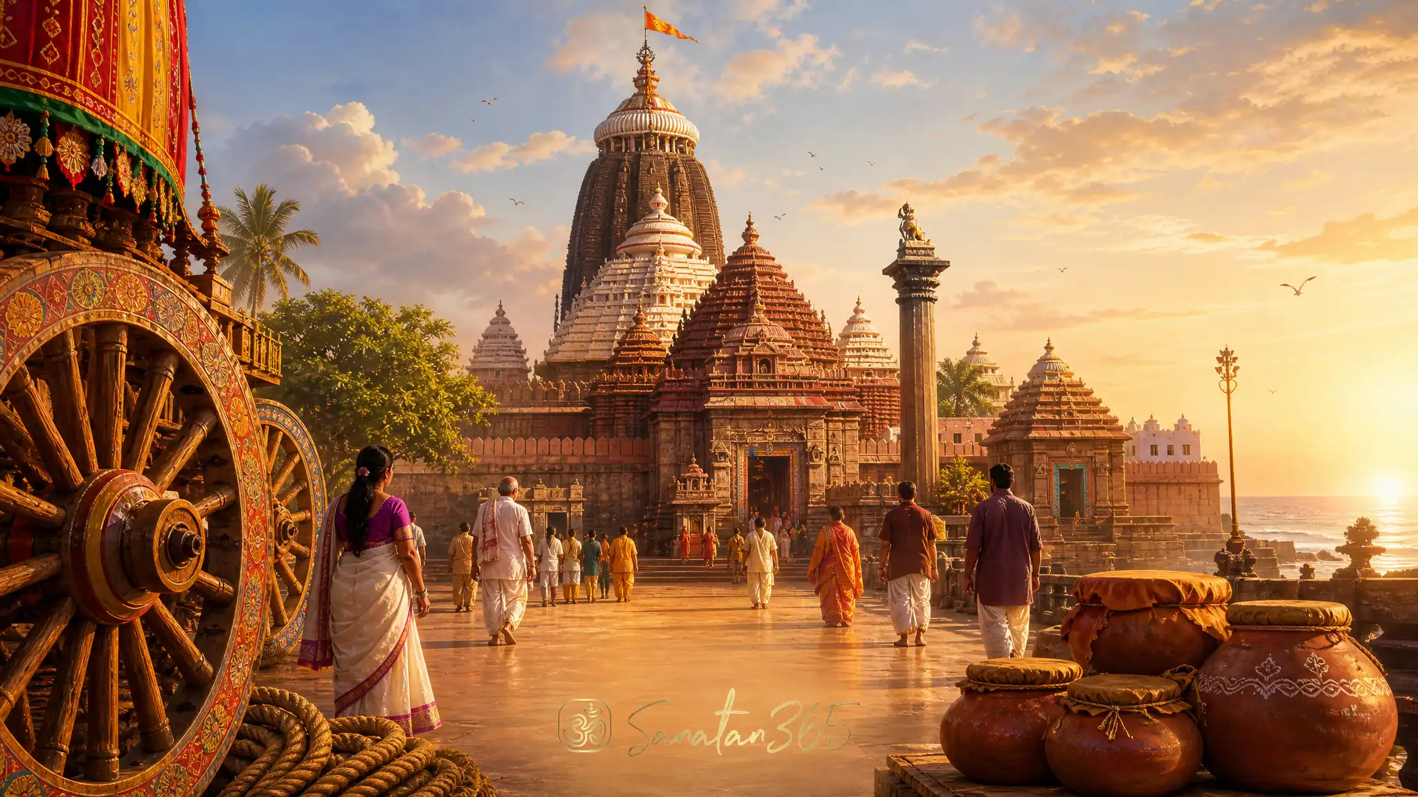Jagannath Temple in Puri at dawn with pilgrims, chariot wheel details, and Mahaprasad pots symbolizing darshan and devotion