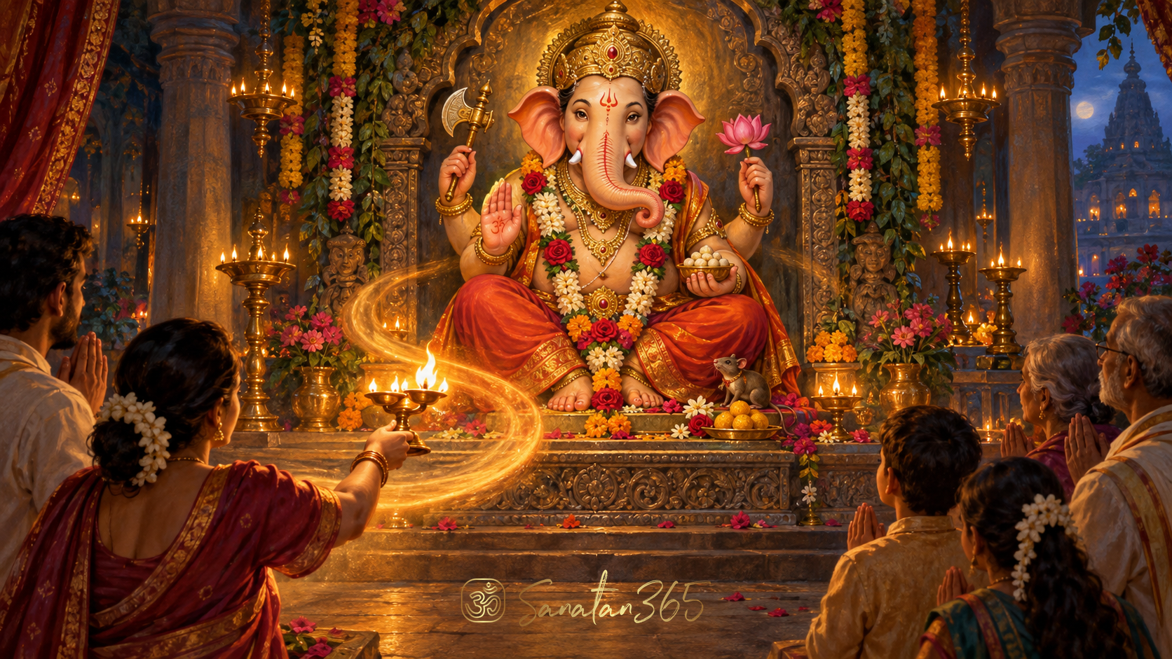 Painterly illustration of a respectful Ganesha shrine with an aarti flame, flowers, laddus, and a mouse near the pedestal.