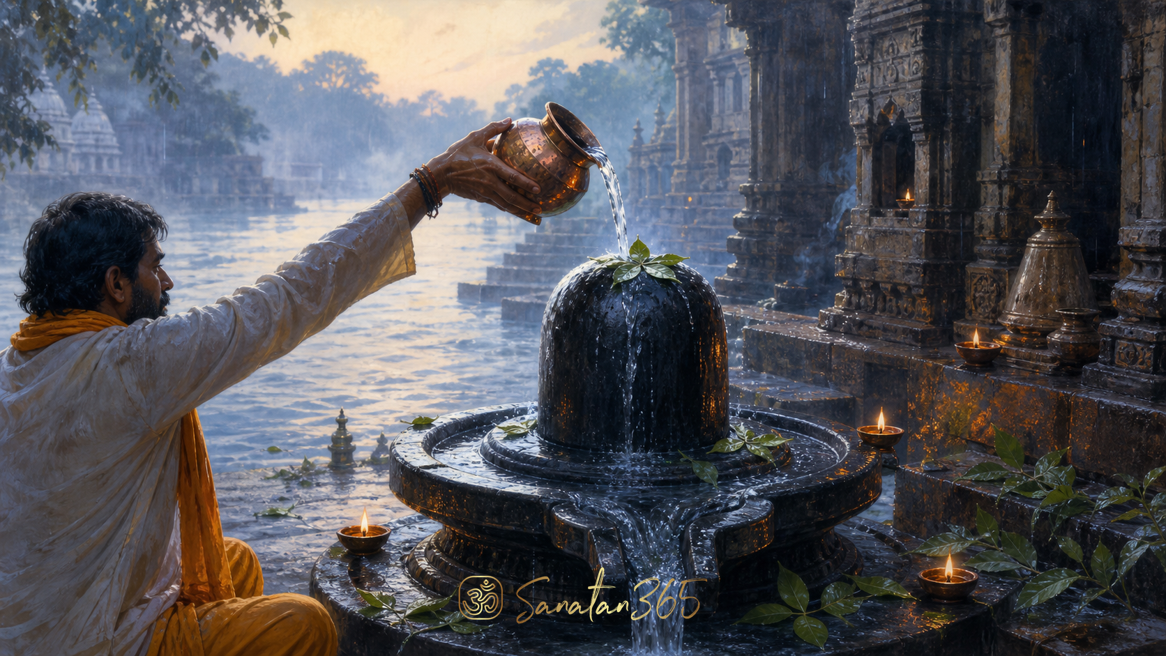 A devotee pours a stream of water over a Shiva lingam in a rain-washed riverside shrine at dawn